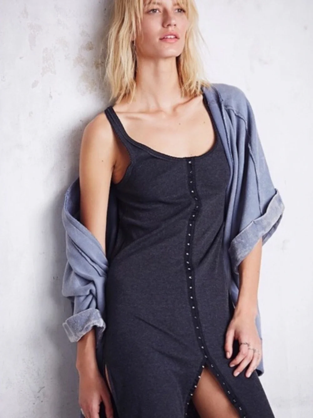 Free People Drop Needle Ribbed Venice Hook Front Dress in Dark Grey